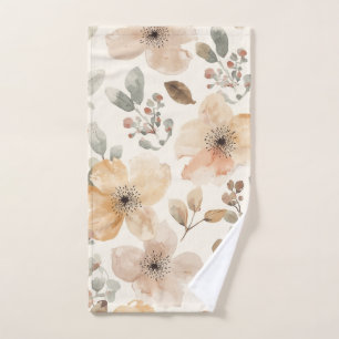 Beige Peach Floral Watercolor Botanical Pattern Hand Towel