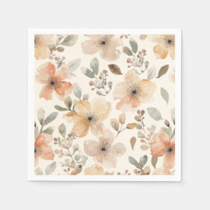 Beige Peach Floral Watercolor Botanical Pattern Napkins
