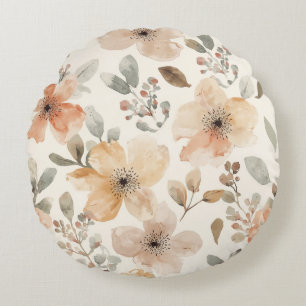Beige Peach Floral Watercolor Botanical Pattern Round Pillow