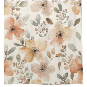 Beige Peach Floral Watercolor Botanical Pattern Shower Curtain