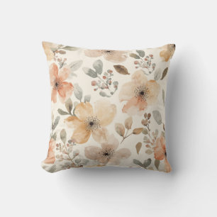 Beige Peach Floral Watercolor Botanical Pattern Throw Pillow