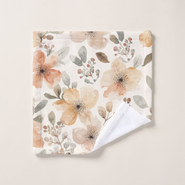 Beige Peach Floral Watercolor Botanical Pattern Wash Cloth (Wash Cloth)