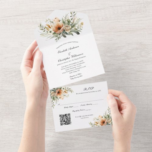 Beige Peach Neutral Floral QR code Wedding  All In One Invitation