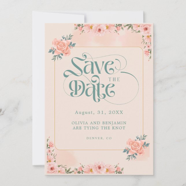 Beige Peach Pink Floral Save The Date Invitations (Front)