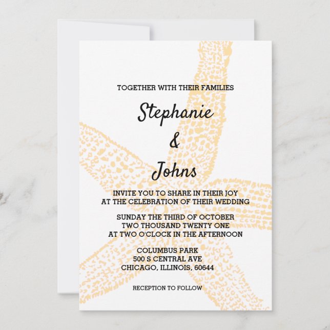Beige Peach Starfish Yellow Orange Custom Wedding Invitation (Front)