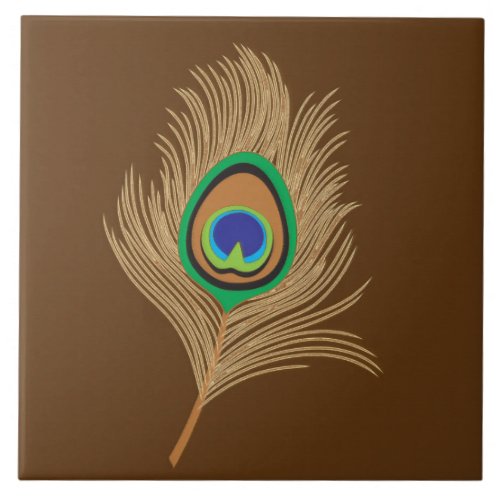 Beige Peacock Feather on Chocolate Brown Ceramic Tile