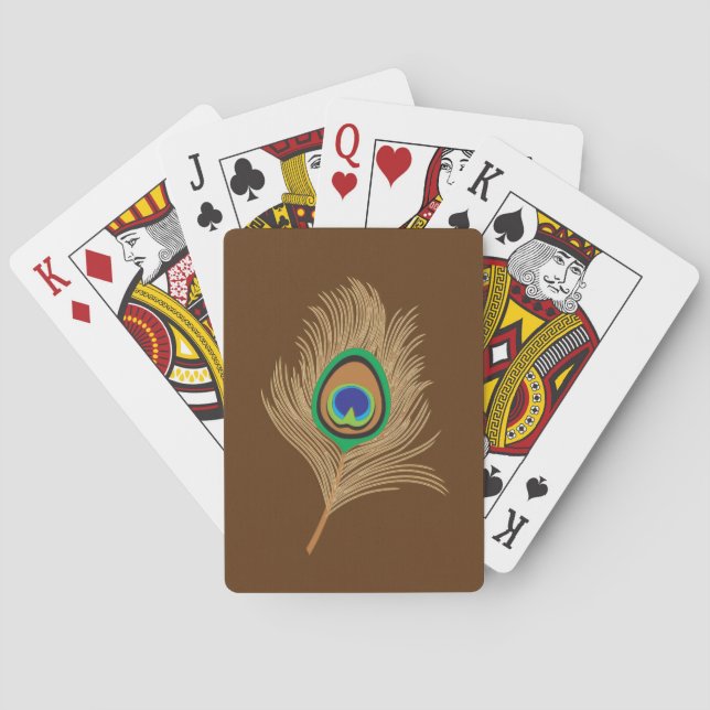 Beige Peacock Feather on Chocolate Brown Poker Cards (Back)