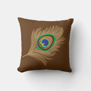 Beige Peacock Feather on Chocolate Brown Throw Pillow