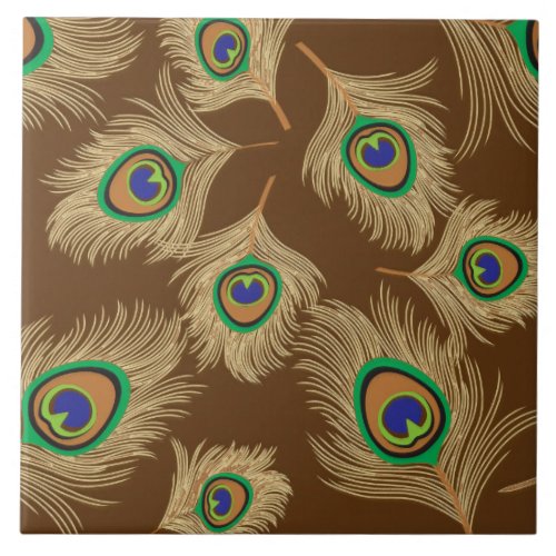 Beige Peacock Feathers on Chocolate Brown Ceramic Tile