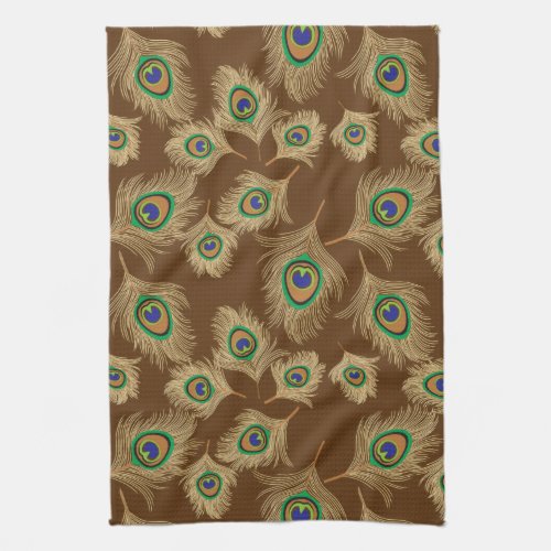 Beige Peacock Feathers on Chocolate Brown Kitchen Towel
