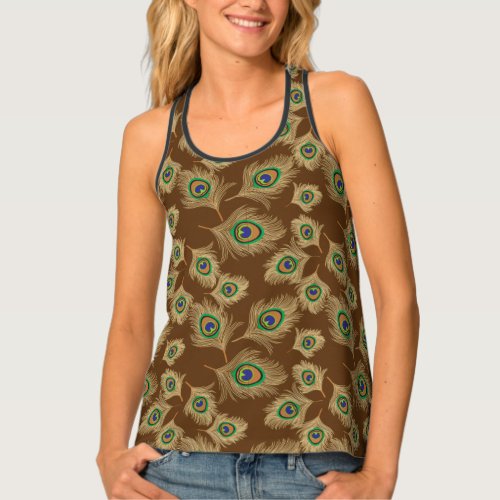 Beige Peacock Feathers on Chocolate Brown Tank Top