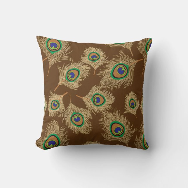 Beige Peacock Feathers on Chocolate Brown Throw Pillow (Front)