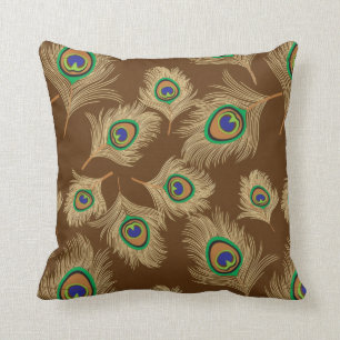 Beige Peacock Feathers on Chocolate Brown Throw Pillow