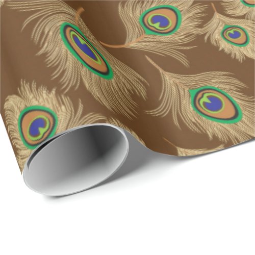 Beige Peacock Feathers on Chocolate Brown Wrapping Paper