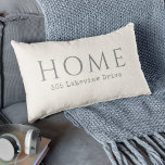 Beige Personalized Home Typography with Address Lumbar Pillow<br><div class="desc">Personalize your living space with this unique custom design featuring the word "HOME" in large lovely typeface. Beneath this text is a text template for personalizing with your street address. This pillow is shown in a neutral light beige with gray text, a versatile color scheme that works well with many...</div>