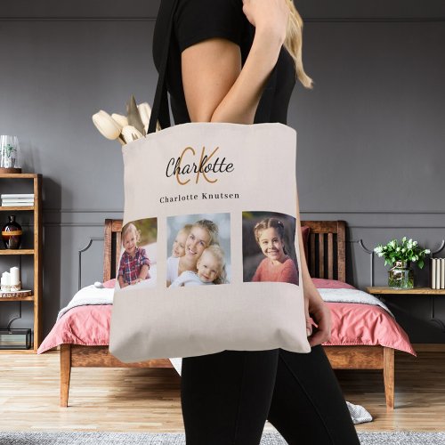 Beige photo collage monogram tote bag