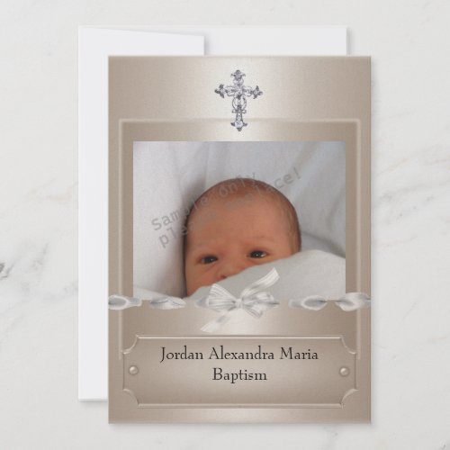 Beige Photo Frame Jewel Cross Baptism long Invite