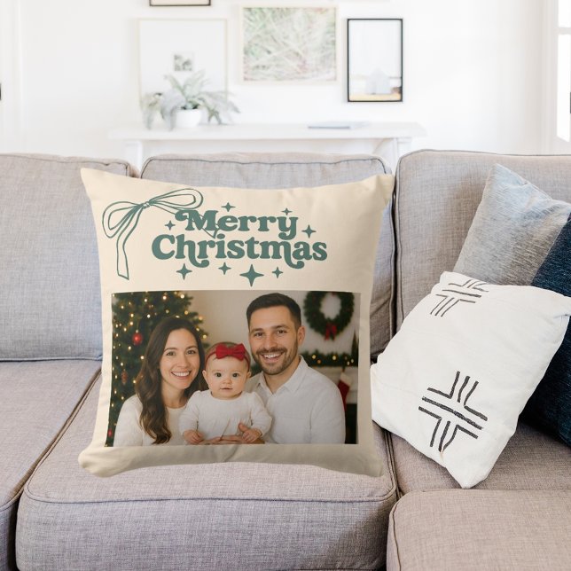 Beige photo green bow hand-drawn Christmas Throw Pillow (Creator Uploaded)