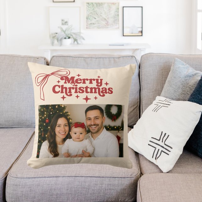 Beige photo red bow hand-drawn Christmas Throw Pillow (Creator Uploaded)