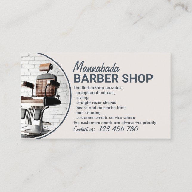 Beige Photo Retro Chair Hair Salon Barber Shop Business Card (Front)