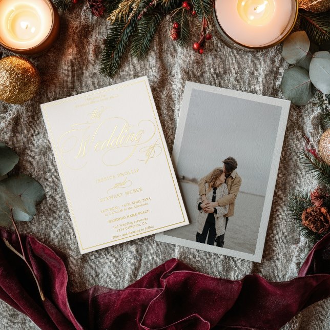 Beige photo script border wedding gold foil invitation (Beige photo script border wedding gold foil invitation)