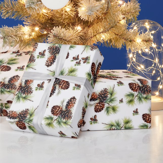 Beige Pinecones Merry Christmas  Wrapping Paper (Holidays)