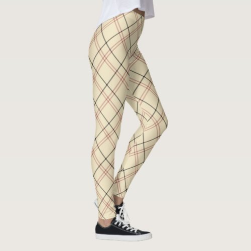 Beige Pink and Black Elegant Plaid   Leggings