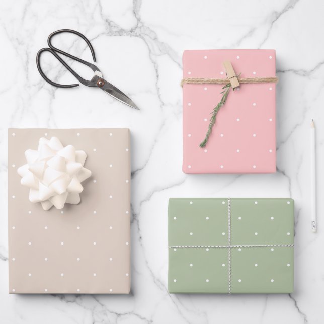 Beige Pink And Green White Tiny Polka Dots Pattern Wrapping Paper Sheets (Front)