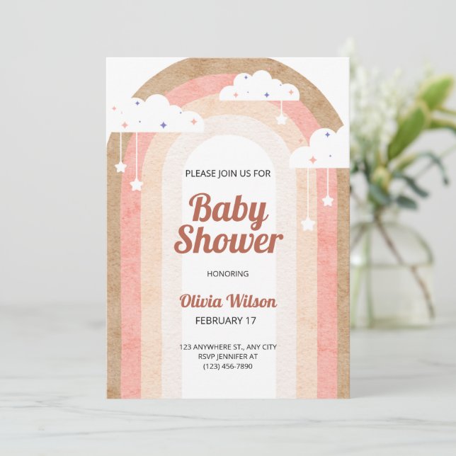 Beige Pink Boho Illustrated Rustic Rainbow Flyer  Invitation (Standing Front)