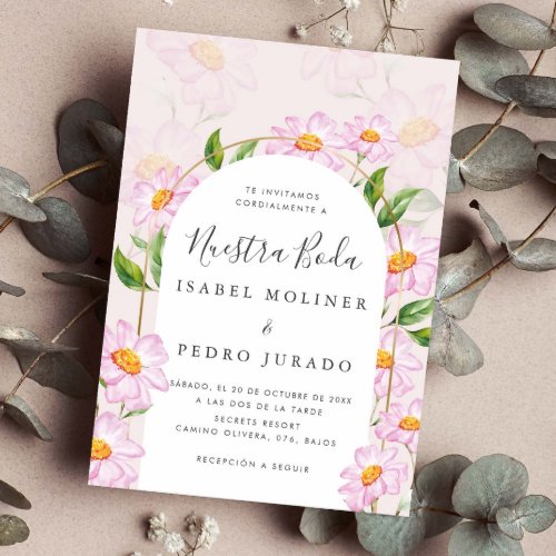 Beige Pink Botanical Nuestra Boda Spanish Wedding Invitation