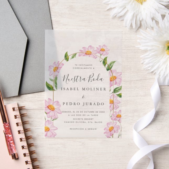 Beige Pink Botanical Nuestra Boda Spanish Wedding Vellum Invitations (Wedding)