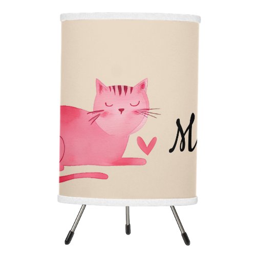 Beige Pink Cat with Heart Tripod Lamp