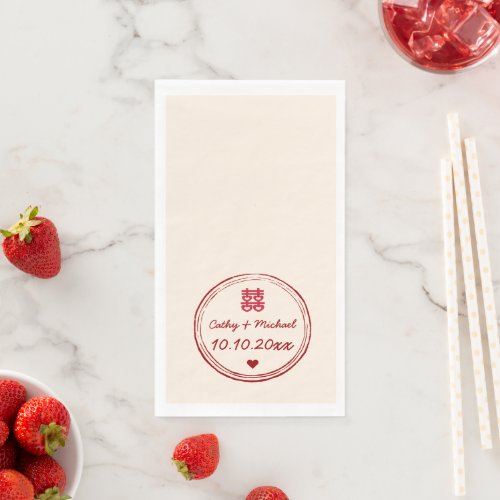 Beige pink chinese wedding double happiness stamp paper guest towels