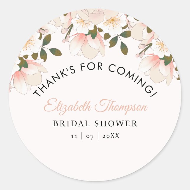 Beige Pink Floral Pattern Bridal Shower Classic Round Sticker (Front)