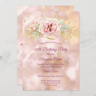 Beige Pink Flower marble glitter Birthday Party Invitation