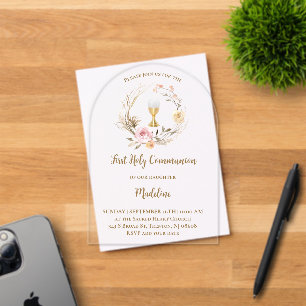 beige pink flowers   First Communion Acrylic Invitations