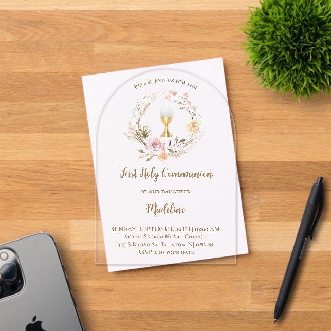 beige pink flowers | First Communion Acrylic Invitations (Insitu (Invitation Card))