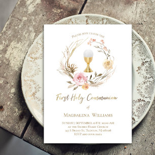 beige pink flowers   First Communion Invitation