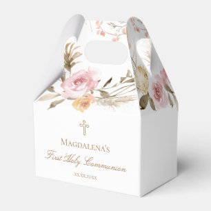 beige pink flowers First Holy Communion Favor Boxes