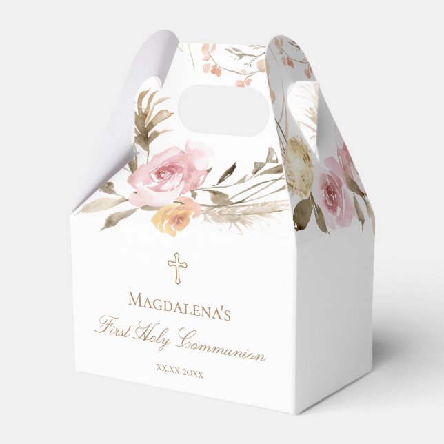 beige pink flowers First Holy Communion Favor Boxes (Front Side)