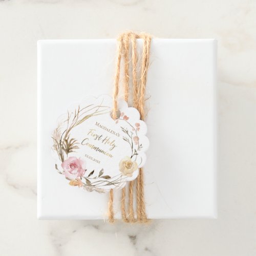beige pink flowers First Holy Communion Favor Tags