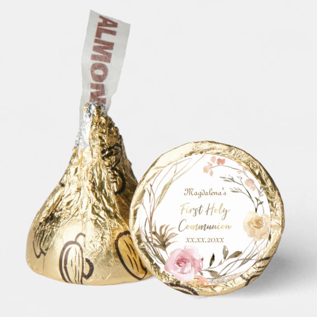 beige pink flowers First Holy Communion Hershey®'s Kisses® (Front)