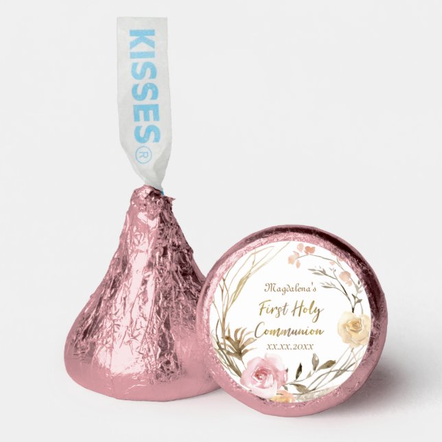 beige pink flowers First Holy Communion Hershey®'s Kisses® (Front)