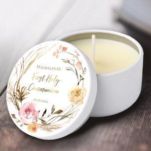 beige pink flowers First Holy Communion Mini Candle Favors