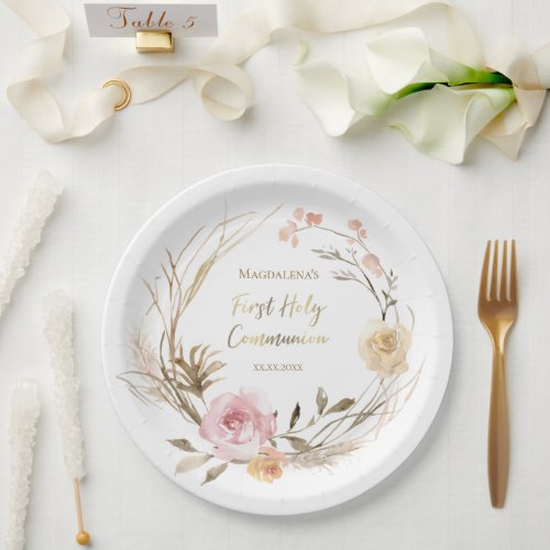 beige pink flowers First Holy Communion  Paper Plates