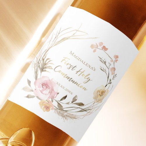 beige pink flowers First Holy Communion Wine Label