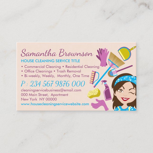 Beige Pink Janitor Lady Cartoon House Clean Business Card (Front)