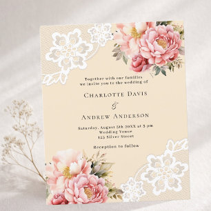 Beige pink rose floral lace wedding invitation