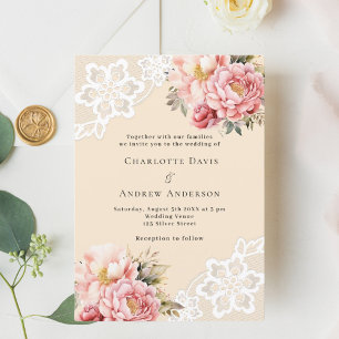 Beige pink rose gold florals lace premium wedding invitation