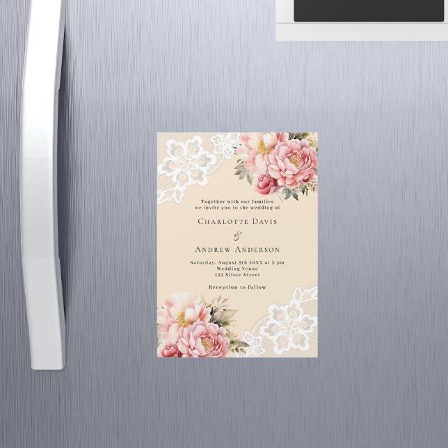 Beige pink rose gold florals lace premium wedding magnetic invitation (Creator Uploaded)